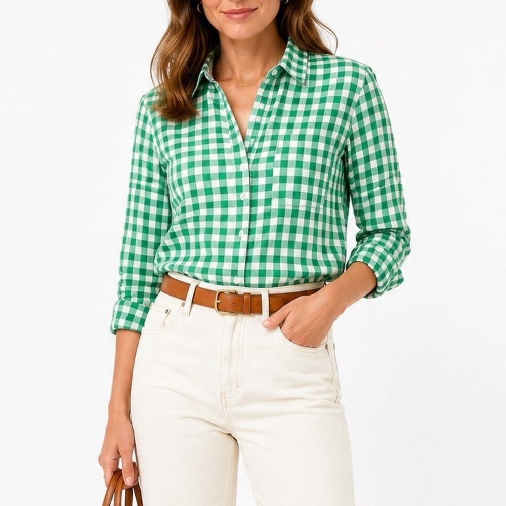 J.Crew Shirt Womens S Green Gingham AL495 Cotton Button Down Long Sleeve Pocket